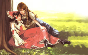 Anime lezbiyen Reimu ve Marisa kucaklaşması