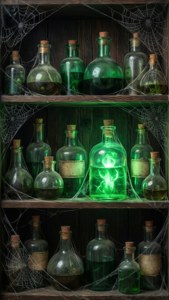 Karanlık bir Slytherin estetiği için yeşil parıltılı eski iksir şişeleri duvar kağıdı.