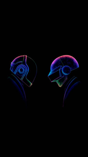 Mavi, mor ve yeşil renklerde parlayan Daft Punk'ı gösteren AMOLED duvar kağıdı