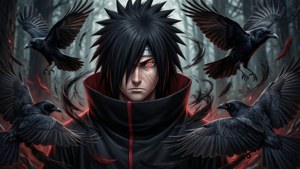 Siyah anime tarzında, kargalar ve sharingan ile Itachi. — Siyah anime Duvar Kağıdı