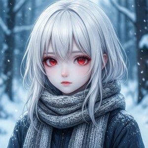 Karlı ormanda beyaz saçlı, uhrevi sevimli anime kızı — Sevimli anime profil fotoğrafı Duvar Kağıdı