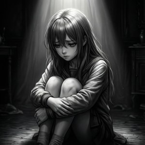 Dramatik ışıklandırmayla karanlık bir odada büzülmüş üzgün bir anime kızı. — Üzgün anime GIF Duvar Kağıdı