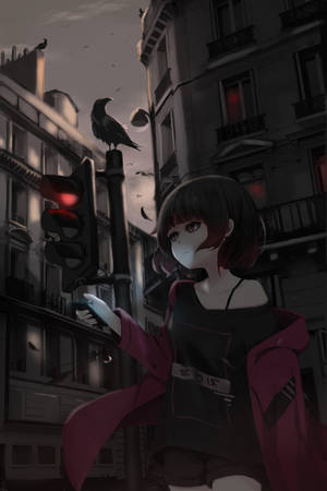 Ön izleme duvar kağıdı kız, telefon, sokak, stil, kasvetli, anime — Sevimli anime kızı Duvar Kağıdı