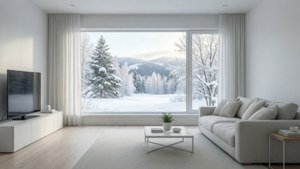 Karlı manzaraya sahip sakin beyaz minimalist oturma odası, sakin bir duvar kağıdı için mükemmel. — Beyaz estetik Duvar Kağıdı