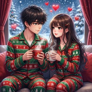 Noel pijamalarıyla karı izleyen anime çifti
