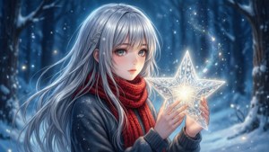 Gümüş saçlı ve kırmızı atkılı bir anime kızı, karlı bir ormanda parlayan bir yıldız tutuyor.