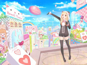 Kawaii Anime Kızı Şirin Dükkanlarla Çevrili