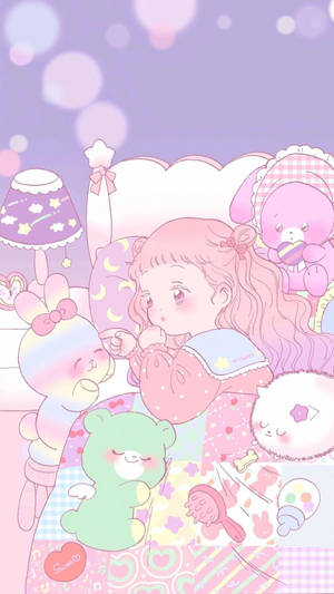 Kawaii Anime Kızı Yatakta Peluş Oyuncaklarla