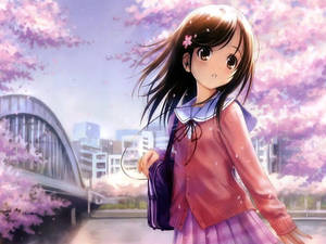 Kawaii Anime Kızı ve Kiraz Çiçeği Ağaçları