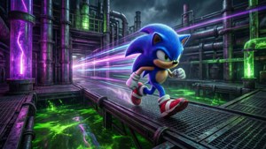 Sonic, neon ışıklarla aydınlatılmış Kimyasal Tesis Bölgesi'nde zehirli suların üzerinde hızla ilerliyor. — Sonic Duvar Kağıdı