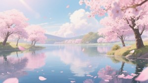 Kiraz çiçekleri ve yumuşak pastel tonlarla huzurlu bir anime gölü. — Anime manzara GIF Duvar Kağıdı