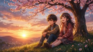 İki anime çocuğu, kiraz çiçeği ağaçlarının altında huzurlu bir gün batımının tadını çıkarıyor. — Anime çocukları Duvar Kağıdı