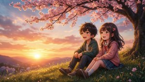 İki anime çocuğu, kiraz çiçeği ağaçlarının altında huzurlu bir günbatımının tadını çıkarıyor. — Anime çocukları Duvar Kağıdı