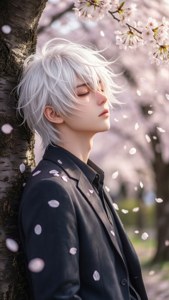 Hüzünlü bir anime çocuğu, etrafına düşen yapraklarla birlikte bir kiraz çiçeği ağacına yaslanıyor. — Üzgün anime GIF Duvar Kağıdı