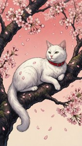 Sakura dalında dinlenen zarif bir kedi — Animasyon kedi Duvar Kağıdı