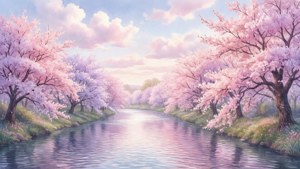 Pastel kiraz çiçekleriyle çevrili sakin bir nehir, yumuşak estetik hisler.