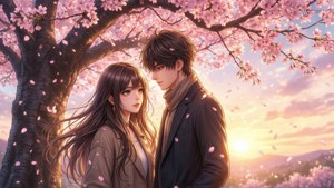 Gün batımında kiraz çiçeği ağacının altında anime çifti — Anime çifti Duvar Kağıdı