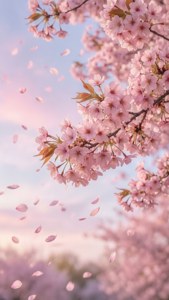 Pastel bir gökyüzünde süzülen yumuşak pembe kiraz çiçekleri, açık pembe estetiğini yansıtıyor. — Açık pembe estetik Duvar Kağıdı