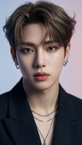 Bir Kpop idolünün şık kıyafetleriyle çarpıcı bir yakın çekim portresi. — Kpop GIF Duvar Kağıdı