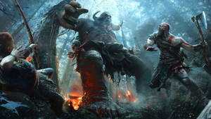 God of War'da Kratos'un dev bir trolü alt ettiği duvar kağıdı.