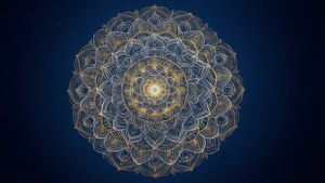 Koyu mavi üzerine altın ve beyaz renklerde kutsal geometri lotus mandalası. — Nilüfer Çiçeği Duvar Kağıdı