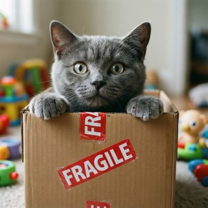 Bir karton kutudan dışarı bakan gri bir kedi. — Kedi Duvar Kağıdı