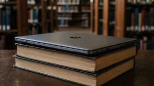 Bir kütüphanede kitapların üzerinde duran Chromebook, çalışma temaları için mükemmel.