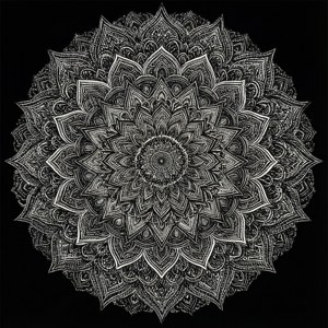 Karmaşık siyah beyaz mandala deseni, simetrik ve meditatif.