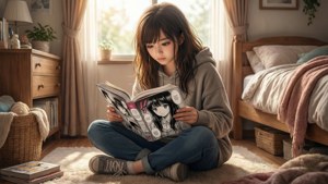 Odasında manga okuyan bir kızın huzurlu sahnesi. — Manga GIF Duvar Kağıdı