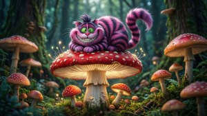 Cheshire Kedisi, büyülü bir ormandaki dev bir mantarın üzerinde. — Cheshire Kedisi Duvar Kağıdı