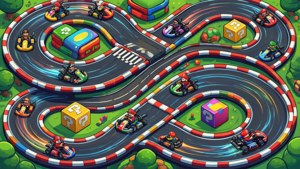 Mario Kart yarış pistinin izometrik görünümü ve yarışan kartlar.