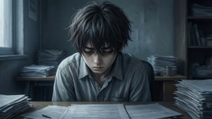 Masanın başında bunalmış üzgün bir anime çocuğu. — Üzgün anime GIF Duvar Kağıdı