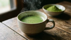 Ahşap masa üzerinde matcha yeşil çay fincanı.