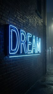 Sisli bir ara sokakta tuğla duvarda koyu mavi renkte neon 'DREAM' yazısı. — Koyu mavi estetik GIF Duvar Kağıdı