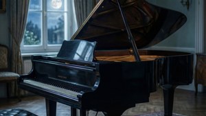 Karanlık bir odada ay ışığıyla aydınlatılmış şık bir kuyruklu piyano. — Müzik estetiği Duvar Kağıdı