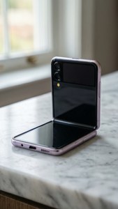 Minimalist Z Flip 5, mermer üzerinde yumuşak pastel ışıklandırmayla dinleniyor