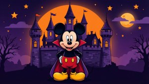 Mickey Mouse düz vektör stiliyle perili bir şatonun önünde vampir olarak