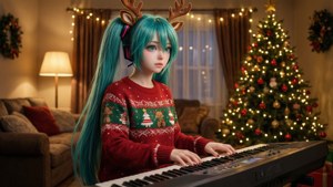 Hatsune Miku, Noel kazağıyla klavye çalıyor