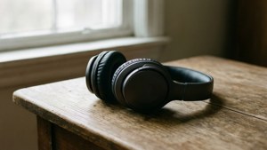 Ahşap bir masanın üzerinde yumuşak ışıkta kulaklıkların olduğu sakin bir sahne. — Müzik estetiği Duvar Kağıdı