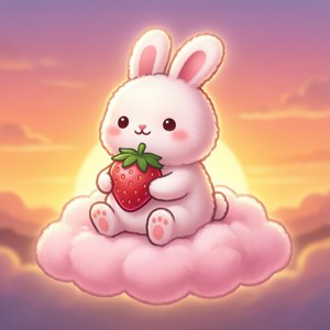 Bir bulutun üzerinde çilek taşıyan sevimli mochi tavşanı, tatlı bir kawaii duvar kağıdı.
