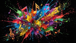 Siyah zemin üzerinde soyut renkli müzik notaları ve boya sıçramaları. — Müzik estetiği Duvar Kağıdı