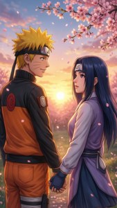 Naruto ve Hinata'nın kiraz çiçekleri altında romantik duvar kağıdı.