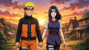 Naruto ve Hinata gün batımında yürüyor — Anime çifti Duvar Kağıdı