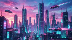 Alacakaranlıkta pembe ve camgöbeği neon ışıklarla aydınlanan fütüristik bir şehir silüeti. — Estetik sanat GIF Duvar Kağıdı