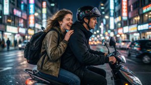 Vivo ve Gabi, neon şehir sokaklarında bir scooter ile hızla ilerliyor. — Vivo Duvar Kağıdı