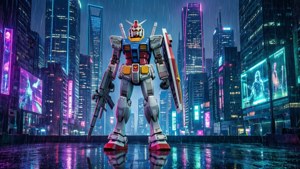 Neon ışıklarıyla bir siberpunk şehirde Gundam.