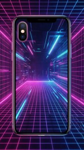 Neon ızgaralı iPhone X'in yer aldığı siberpunk duvar kağıdı.