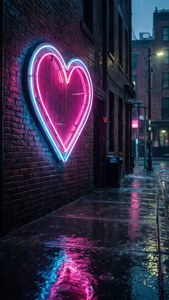 Yağmurlu bir şehir ara sokağındaki duvarda neon kalp tabelası. — Aşk estetik GIF Duvar Kağıdı