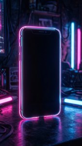 Karanlık bir arka planda neon ışıklı kenarlara sahip bir iPhone XR, siberpunk tarzı. — iPhone XR Duvar Kağıdı
