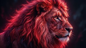 Karanlık bir arka planda parlayan yelesiyle görkemli neon kırmızı aslan. — Neon kırmızı Duvar Kağıdı